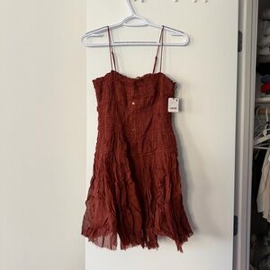 Rust Red Spaghetti Strap Ruched Dress
